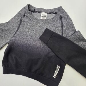 GYMSHARK ADAPT OMBRE LONG SLEEVE CROP TOP WOMENS SMALL GRAY BLACK RUCHE RAGLAN